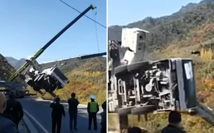Συγκλονιστικό: Γερανός πέφτει στον γκρεμό και ο χειριστής γλιτώνει την τελευταία στιγμή (βίντεο)